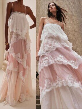 Aje Ophelia Lace Gown Pink Multi Tiered Ruffled Ombre Maxi Dress Size AU 8 US 4